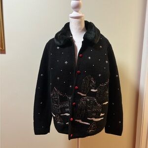 Karen Scott Black Cardigan with Red Buttons